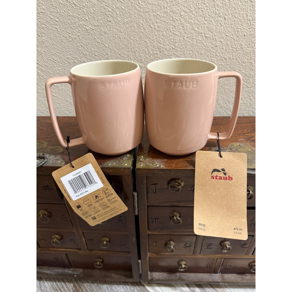 Staub Ceramic Coffee Mug Set of 2 Pink 16oz 475ml Stoneware Embossed Logo NWT